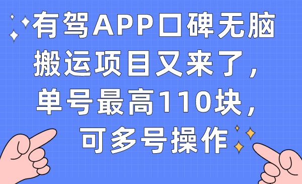 有驾APP口碑无脑搬运项目又来了，单号最高110块，可多号操作-优创网