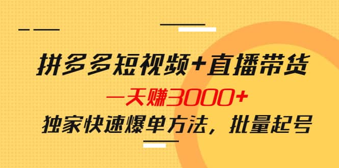 拼多多短视频+直播带货，一天赚3000+独家快速爆单方法，批量起号-优创网