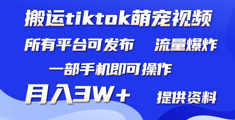 搬运Tiktok萌宠类视频，一部手机即可。所有短视频平台均可操作，月入3W+-优创网